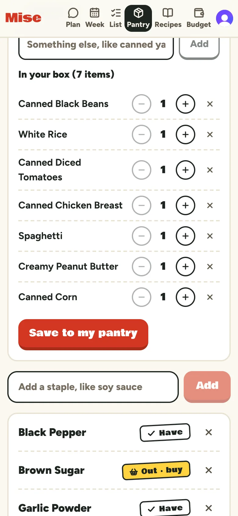 Adding a food box on a phone: In your box, 7 items read from a photo: canned black beans, white rice, canned diced tomatoes, canned chicken breast, spaghetti, creamy peanut butter, and canned corn, then Save to my pantry.