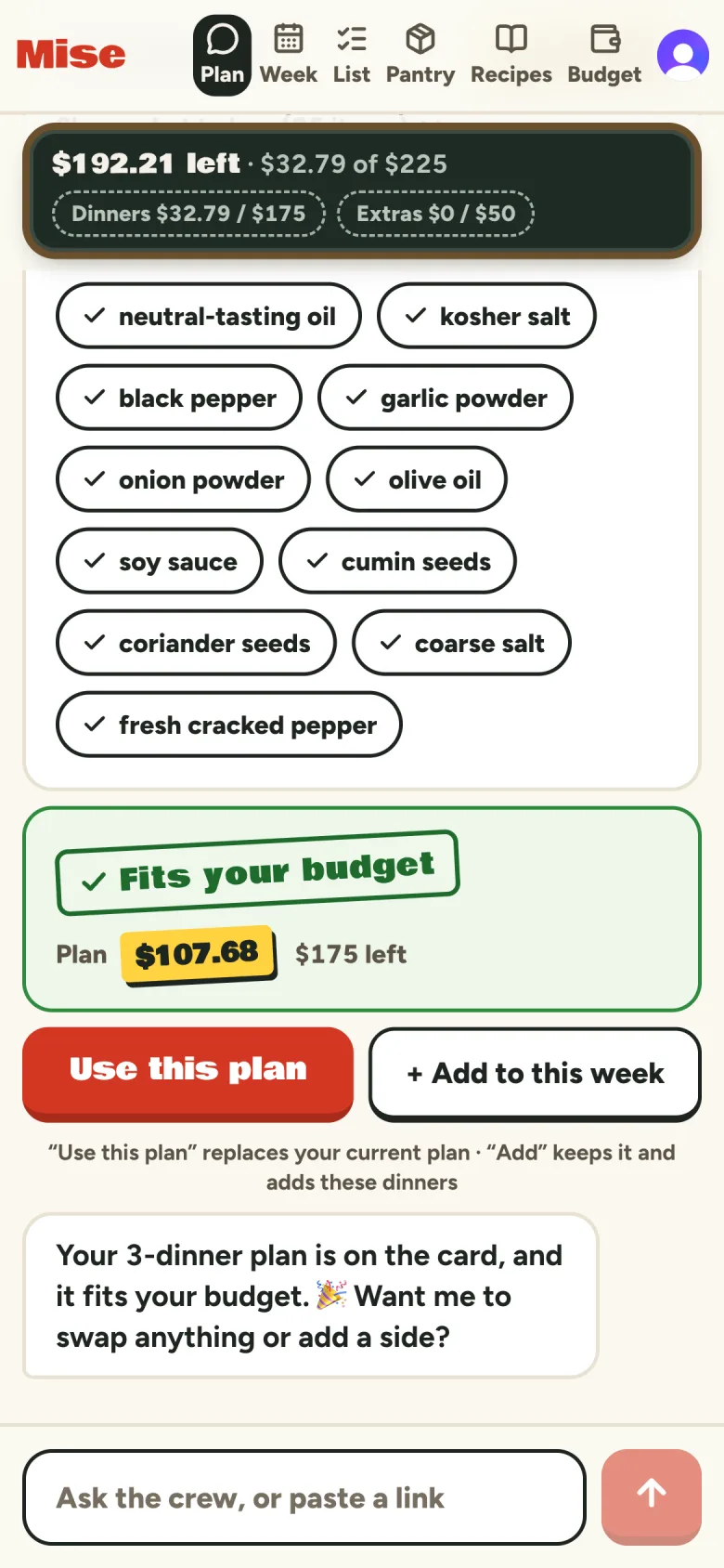 The crew's plan card: three dinners priced at Pick 'n Save, pantry chips, a 'Fits your budget' stamp, and Use this plan.