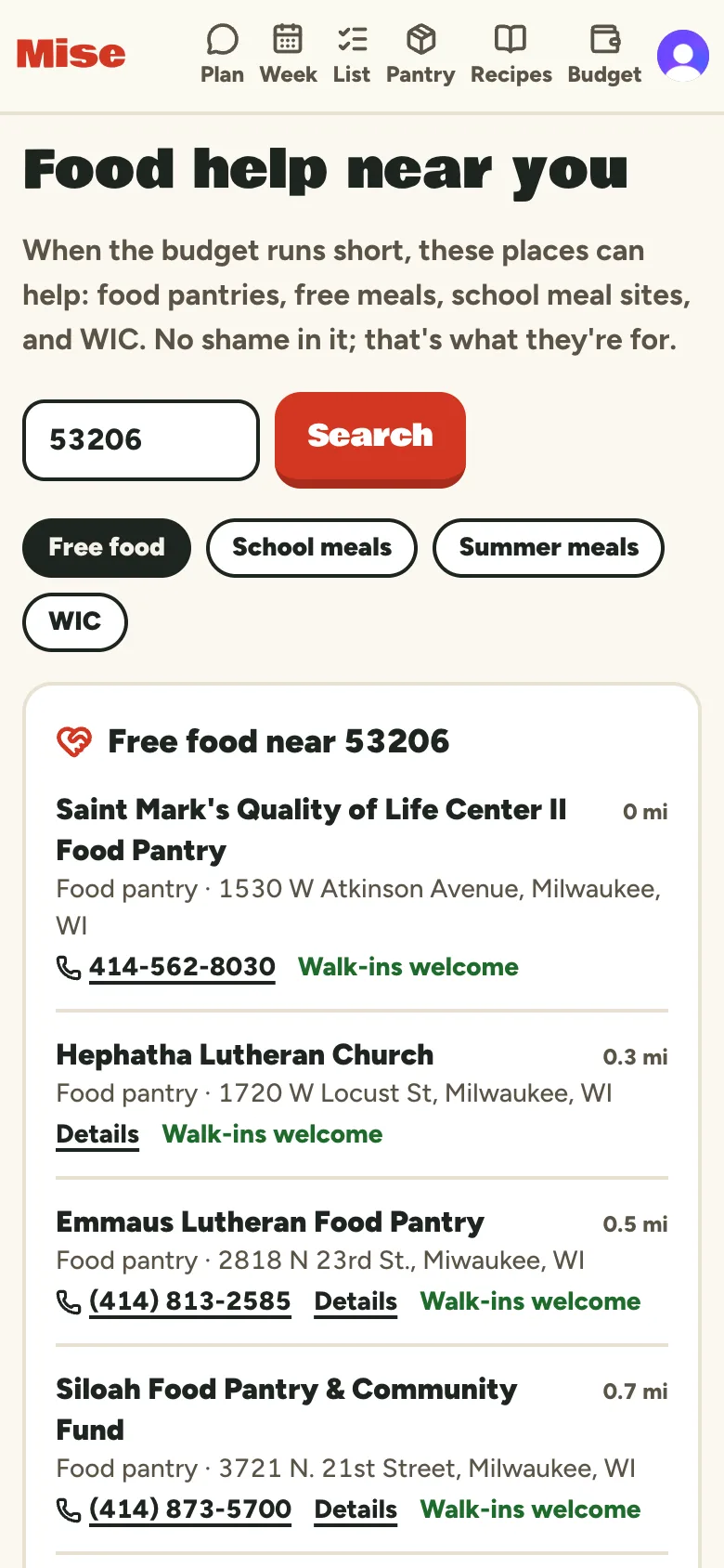 Food help near you on a phone: free food near 53206, with Saint Mark's Quality of Life Center, Hephatha Lutheran Church, and Emmaus Lutheran Food Pantry, their phones, and 'Walk-ins welcome'.