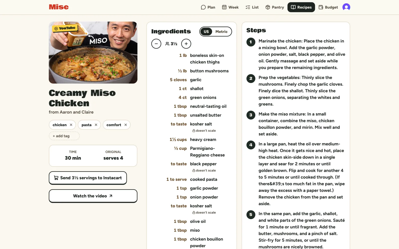 A recipe on a laptop: Creamy Miso Chicken with its photo and tags, ingredients scaled to 3½ servings, and numbered steps.