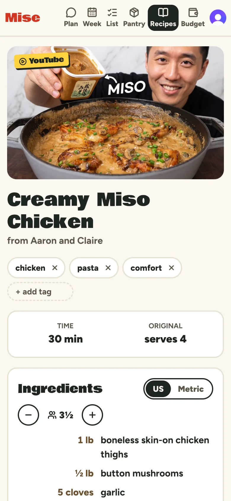 Creamy Miso Chicken on a phone: photo, tags, time, servings, and ingredients with a US or Metric toggle.