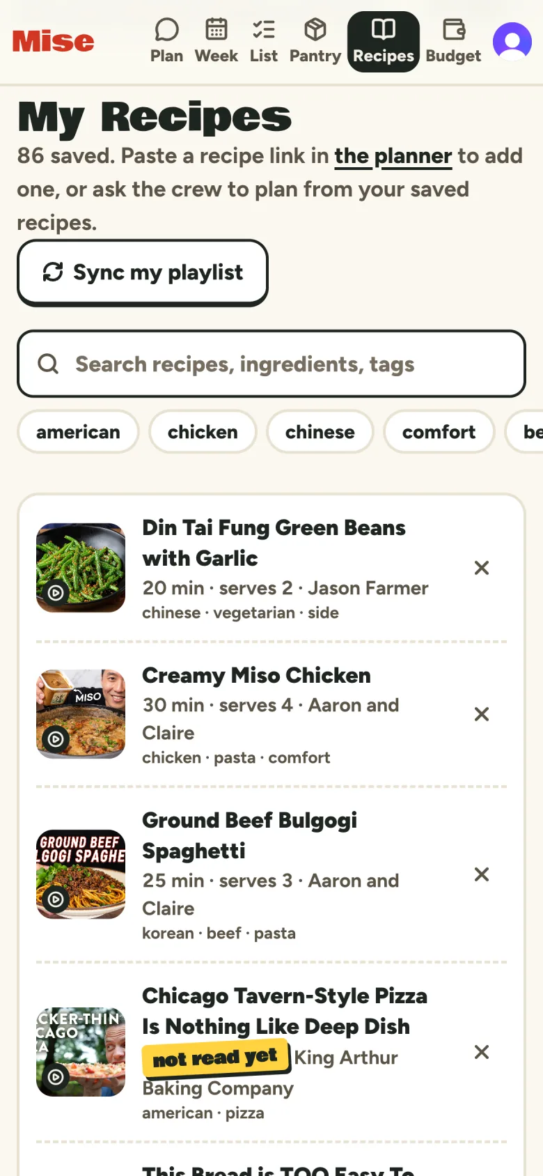 My Recipes on a phone: Sync my playlist, a search box, tag chips, and recipe rows with photos and tags.