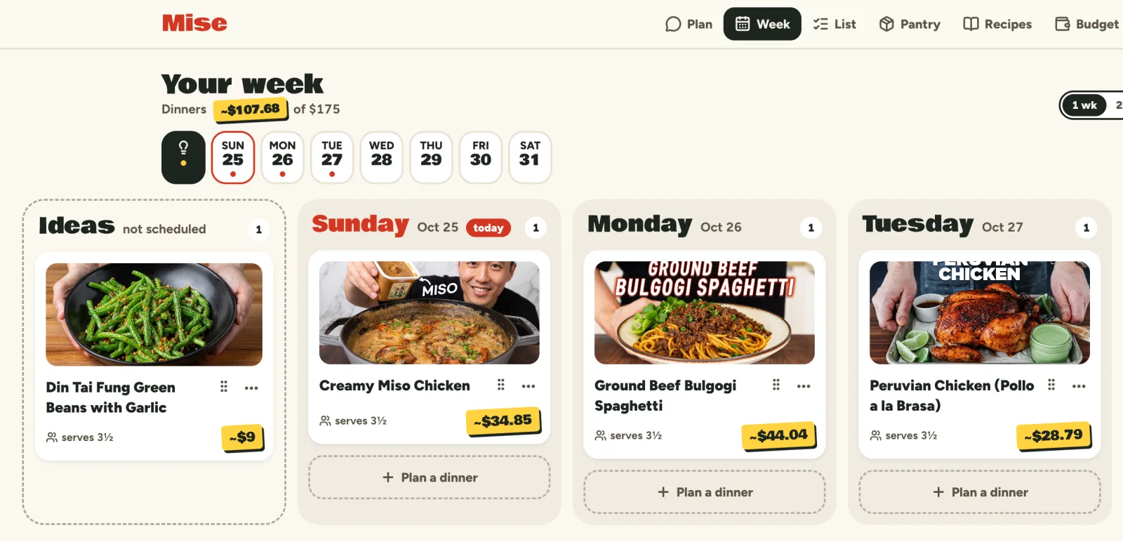 The week board on a laptop: Din Tai Fung Green Beans waiting in Ideas, then Sunday, Monday, and Tuesday with Creamy Miso Chicken, Ground Beef Bulgogi Spaghetti, and Peruvian Chicken as photo cards.