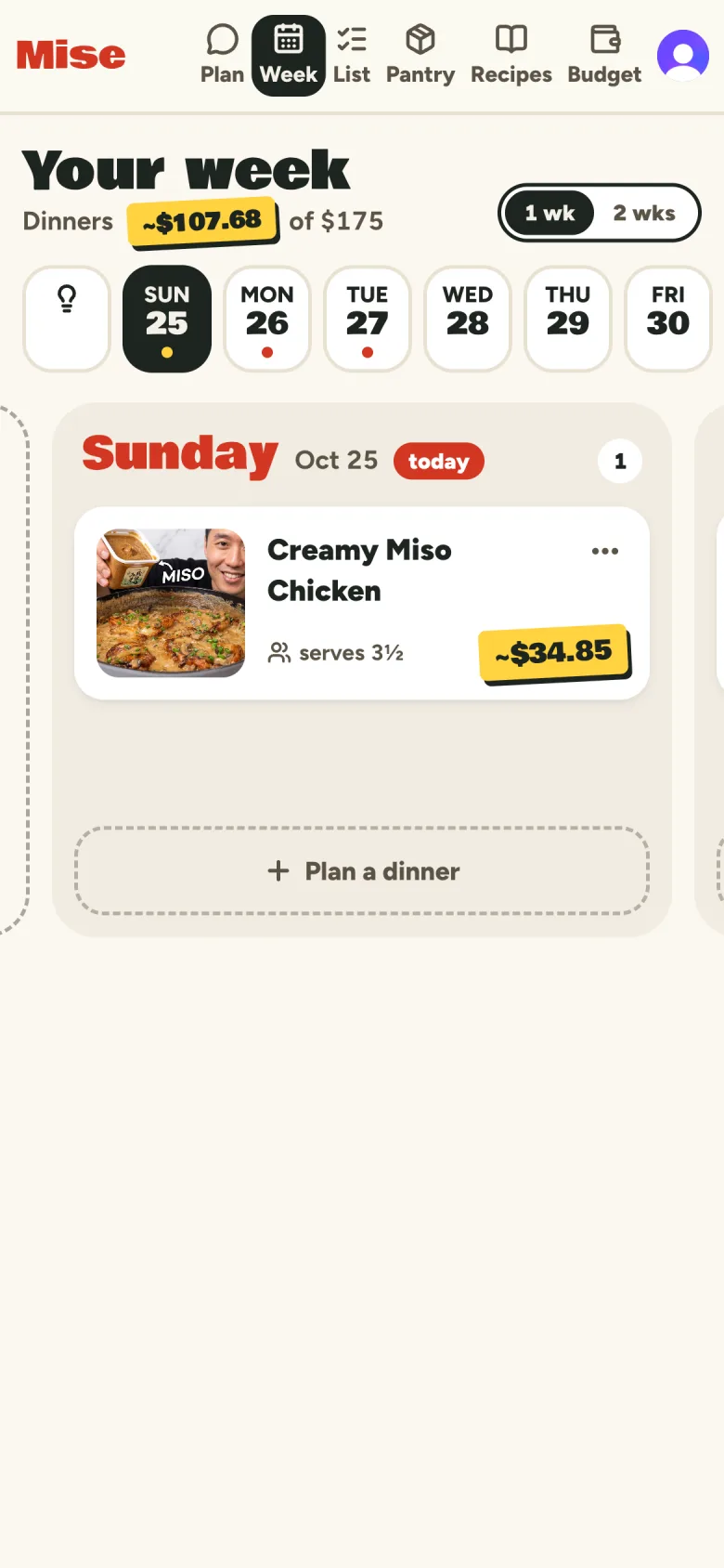 The week board on a phone: a day strip, then Sunday with Creamy Miso Chicken as a photo card.